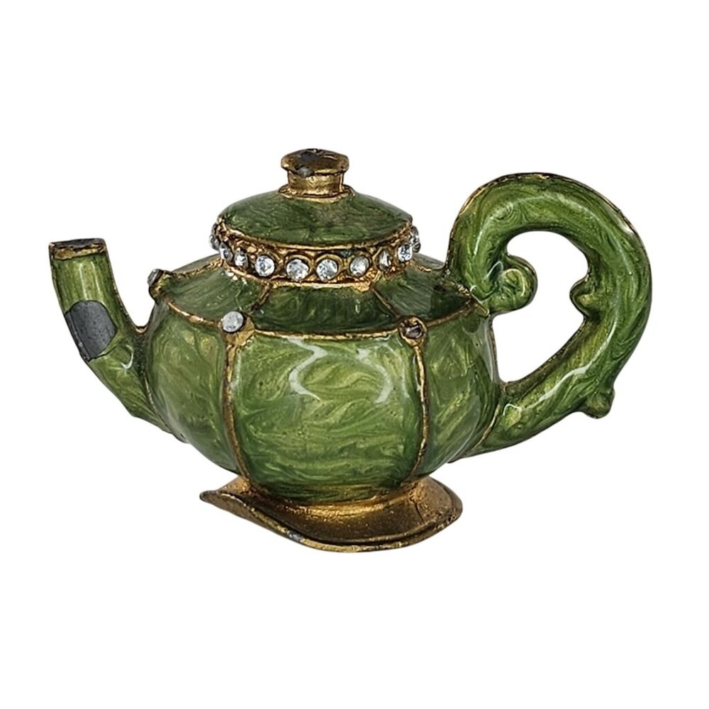 Miniature Green Teapot Candle Snuffer Rhinestone Accents Gold Trim Lead Enamel